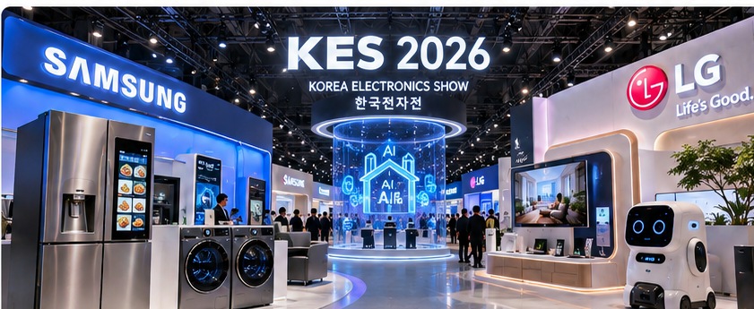 AI 냉장고, 세탁건조기와 가정용 로봇이 전시된 상상 장면. 실제 행사장 사진이 아니라 AI가 생성한 이해용 이미지