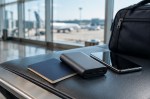 Power bank beside a phone and carry-on bag at an airport, illustrative scene