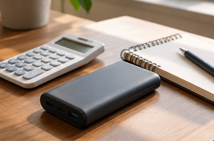 Power bank, calculator and notes for checking Wh capacity