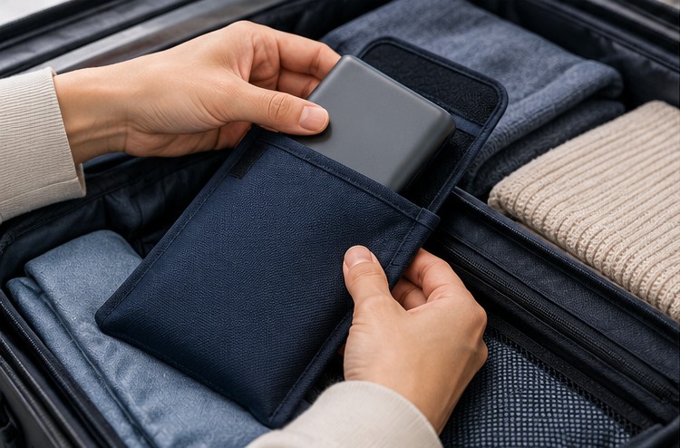 Traveler placing a portable charger into a protective pouch