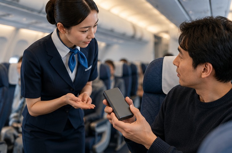 Illustrated cabin crew member speaking with passenger about portable charger safety