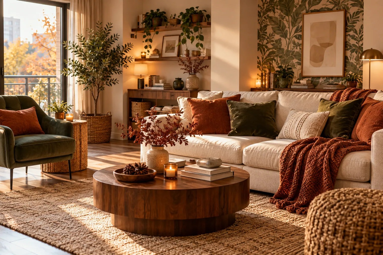 Layered soft furnishings in a warm autumn living room
