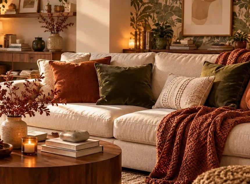 Warm lamp and layered home textiles in a styled living room