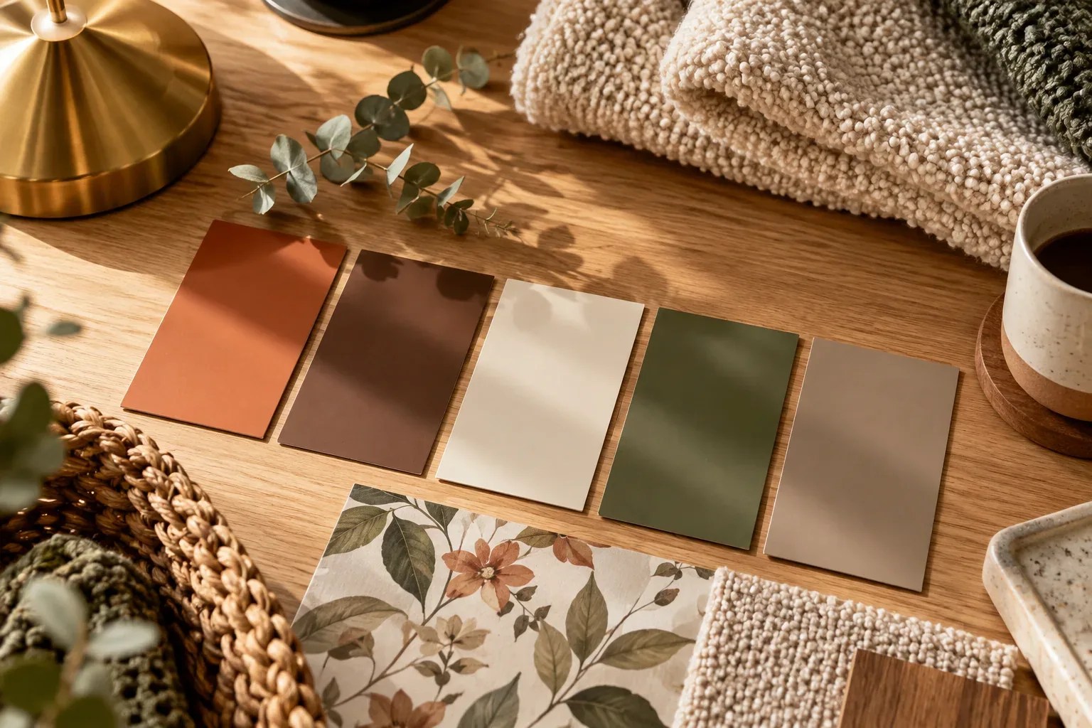 Earthy autumn color palette with fabric swatches