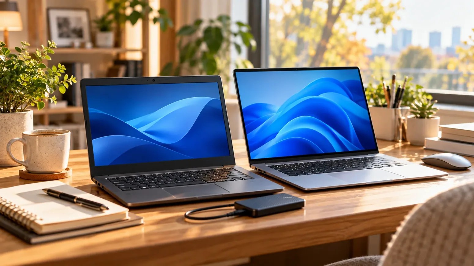 Two laptops sitting side by side on a table